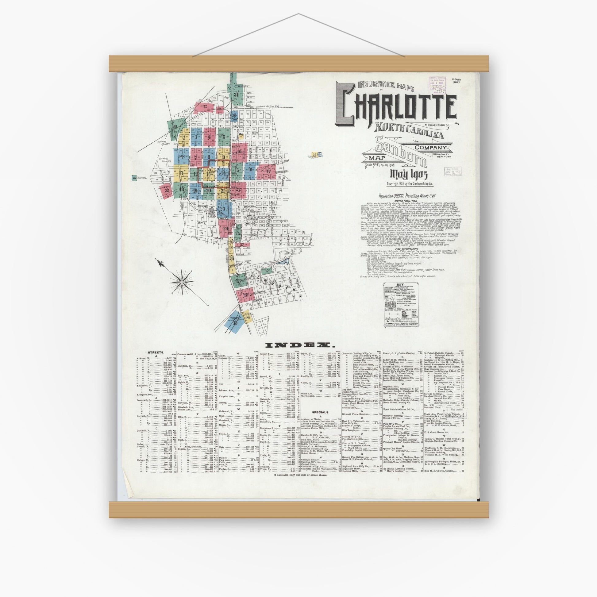 Old map wall art mockup — magnetic wood frame on white wall — Sanborn Fire Insurance Map from Charlotte, Mecklenburg County, North Carolina (1905), Sheet #0001
