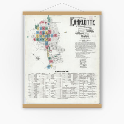 Old map wall art mockup — magnetic wood frame on white wall — Sanborn Fire Insurance Map from Charlotte, Mecklenburg County, North Carolina (1905), Sheet #0001