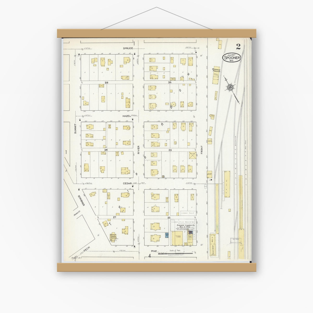 Old map wall art mockup — magnetic wood frame on white wall — Sanborn Fire Insurance Map from Spooner, Washburn County, Wisconsin (1917), Sheet #0002