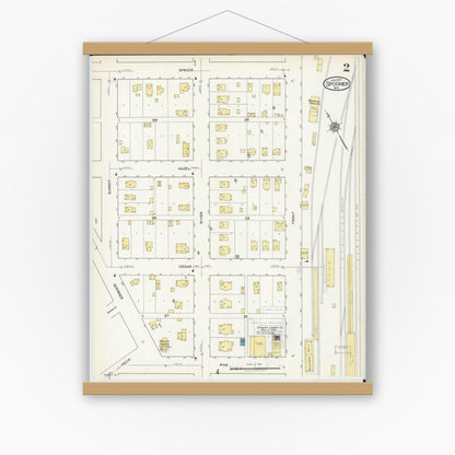 Old map wall art mockup — magnetic wood frame on white wall — Sanborn Fire Insurance Map from Spooner, Washburn County, Wisconsin (1917), Sheet #0002