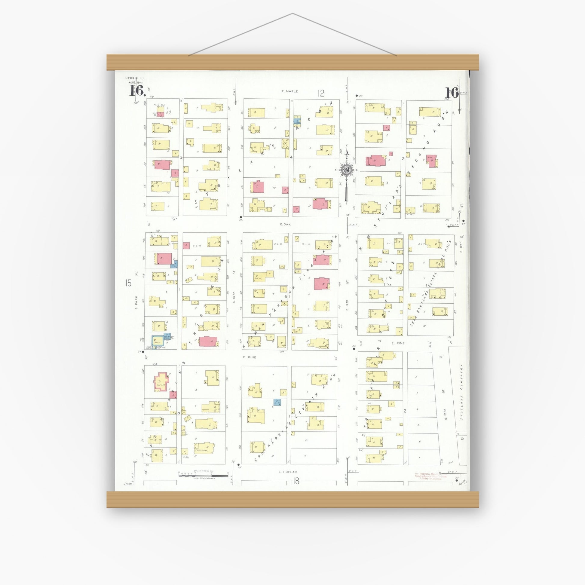 Old map wall art mockup — magnetic wood frame on white wall — Sanborn Fire Insurance Map from Herrin, Williamson County, Illinois (1941), Sheet #0016