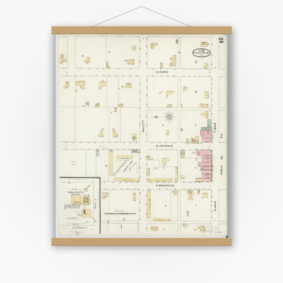 Old map wall art mockup — magnetic wood frame on white wall — Sanborn Fire Insurance Map from Pilot Point, Denton County, Texas (1896), Sheet #0002