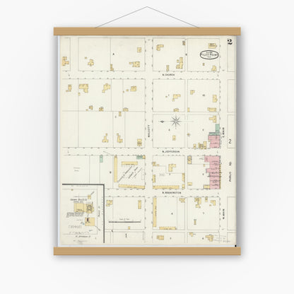 Old map wall art mockup — magnetic wood frame on white wall — Sanborn Fire Insurance Map from Pilot Point, Denton County, Texas (1896), Sheet #0002