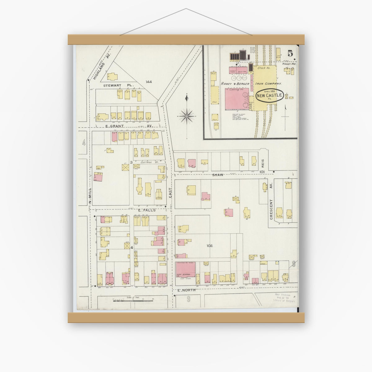 Old map wall art mockup — magnetic wood frame on white wall — Sanborn Fire Insurance Map from New Castle, Lawrence County, Pennsylvania (1894), Sheet #0005