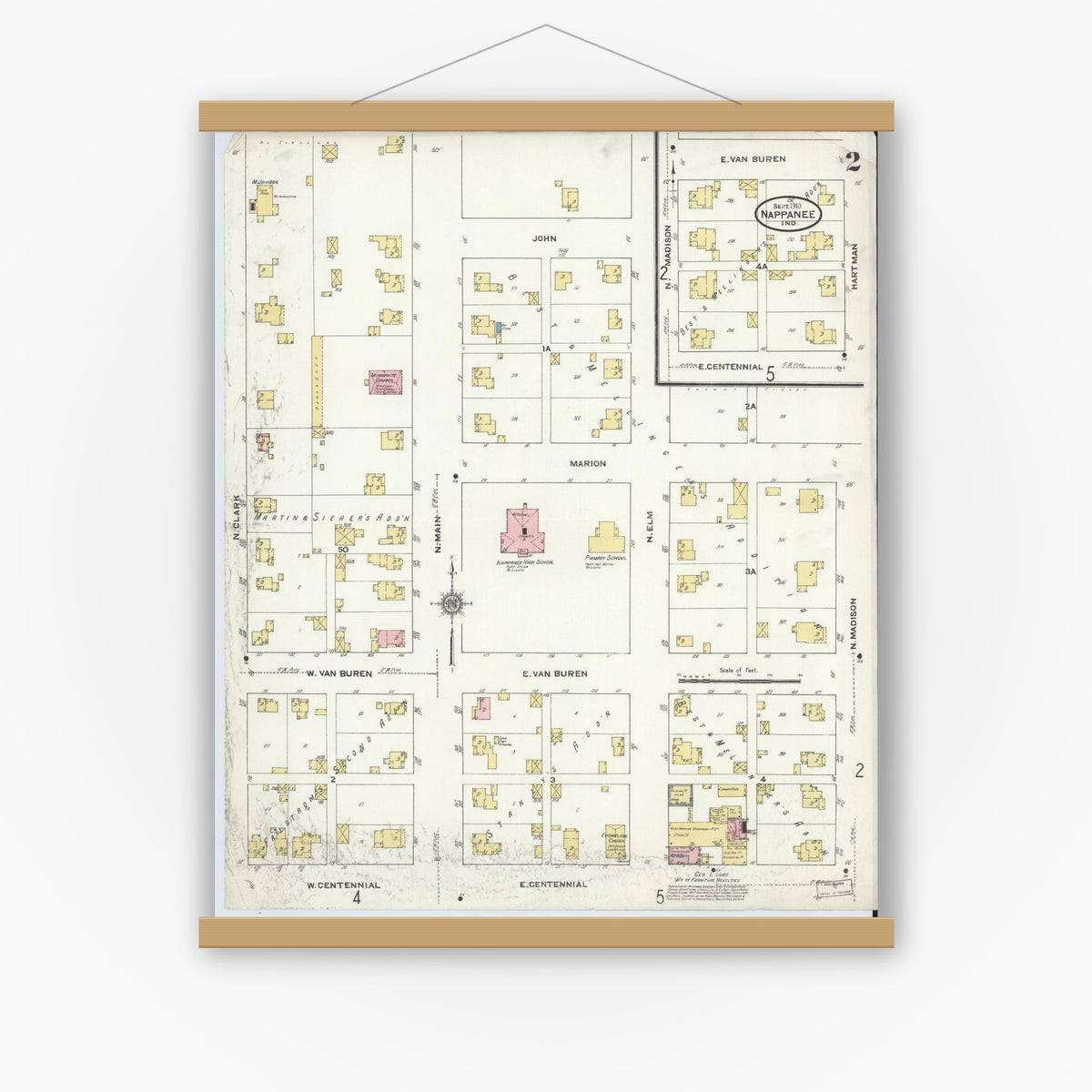 Old map wall art mockup — magnetic wood frame on white wall — Sanborn Fire Insurance Map from Nappanee, Elkhart County, Indiana (1910), Sheet #0002