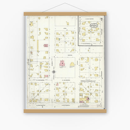 Old map wall art mockup — magnetic wood frame on white wall — Sanborn Fire Insurance Map from Nappanee, Elkhart County, Indiana (1910), Sheet #0002