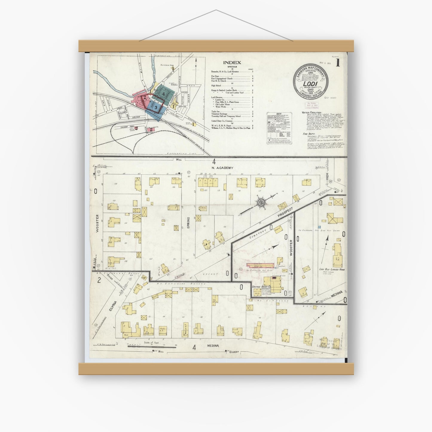 Old map wall art mockup — magnetic wood frame on white wall — Sanborn Fire Insurance Map from Lodi, Medina County, Ohio (1912) - Complete Map Set
