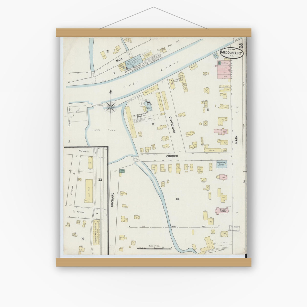 Old map wall art mockup — magnetic wood frame on white wall — Sanborn Fire Insurance Map from Middleport, Niagara County, New York (1889), Sheet #0003