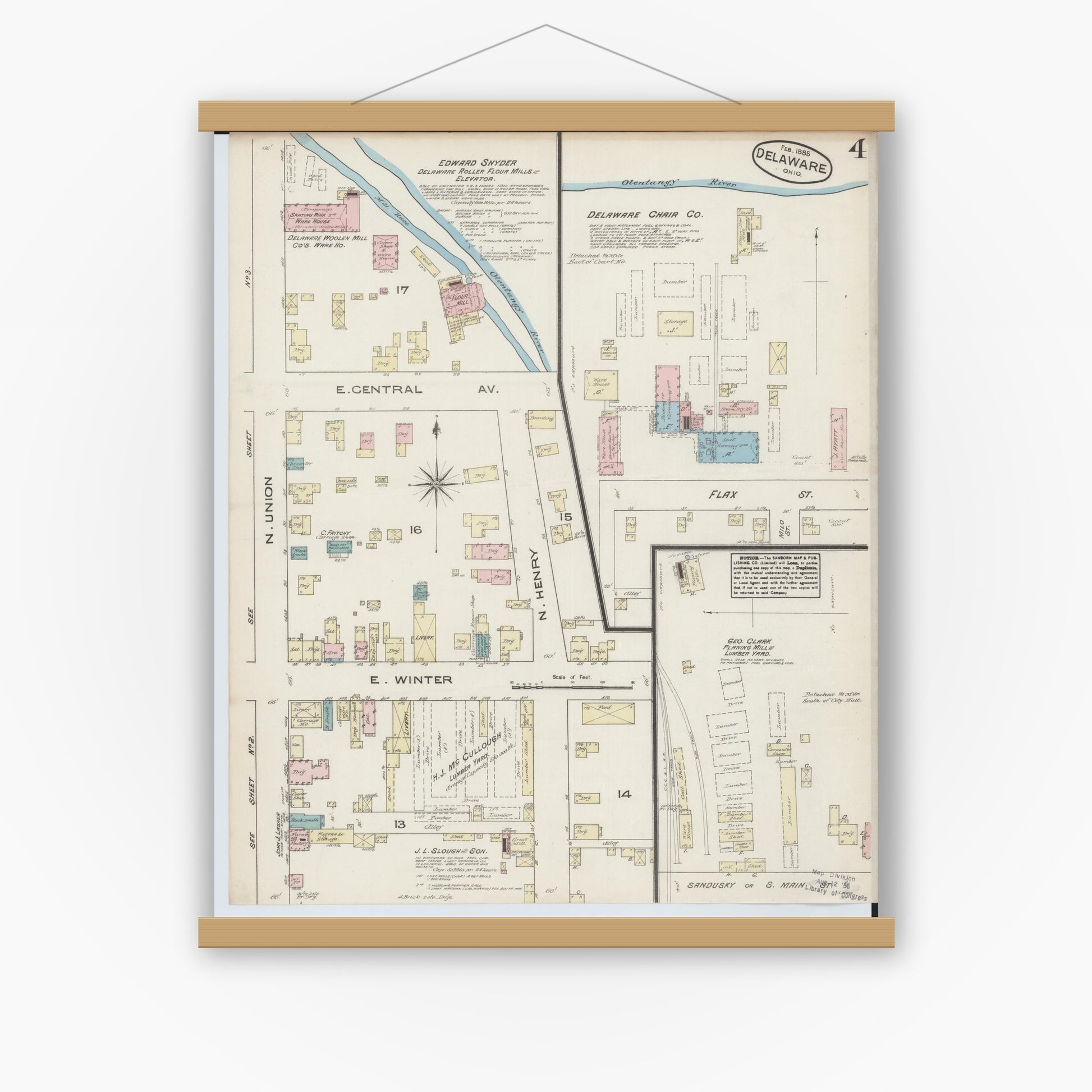 Old map wall art mockup — magnetic wood frame on white wall — Sanborn Fire Insurance Map from Delaware, Delaware County, Ohio (1885), Sheet #0004