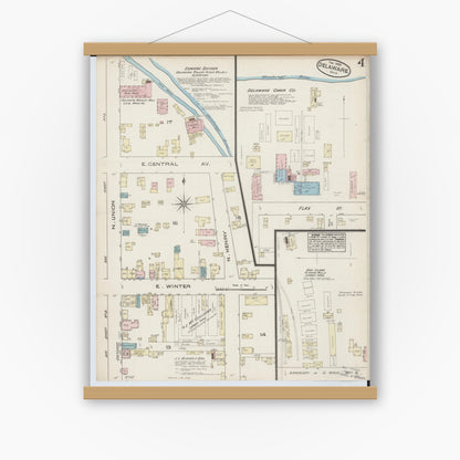 Old map wall art mockup — magnetic wood frame on white wall — Sanborn Fire Insurance Map from Delaware, Delaware County, Ohio (1885), Sheet #0004