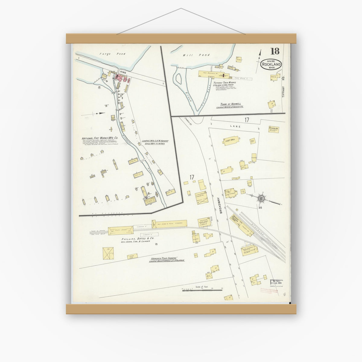 Old map wall art mockup — magnetic wood frame on white wall — Sanborn Fire Insurance Map from Rockland, Plymouth County, Massachusetts (1912), Sheet #0018