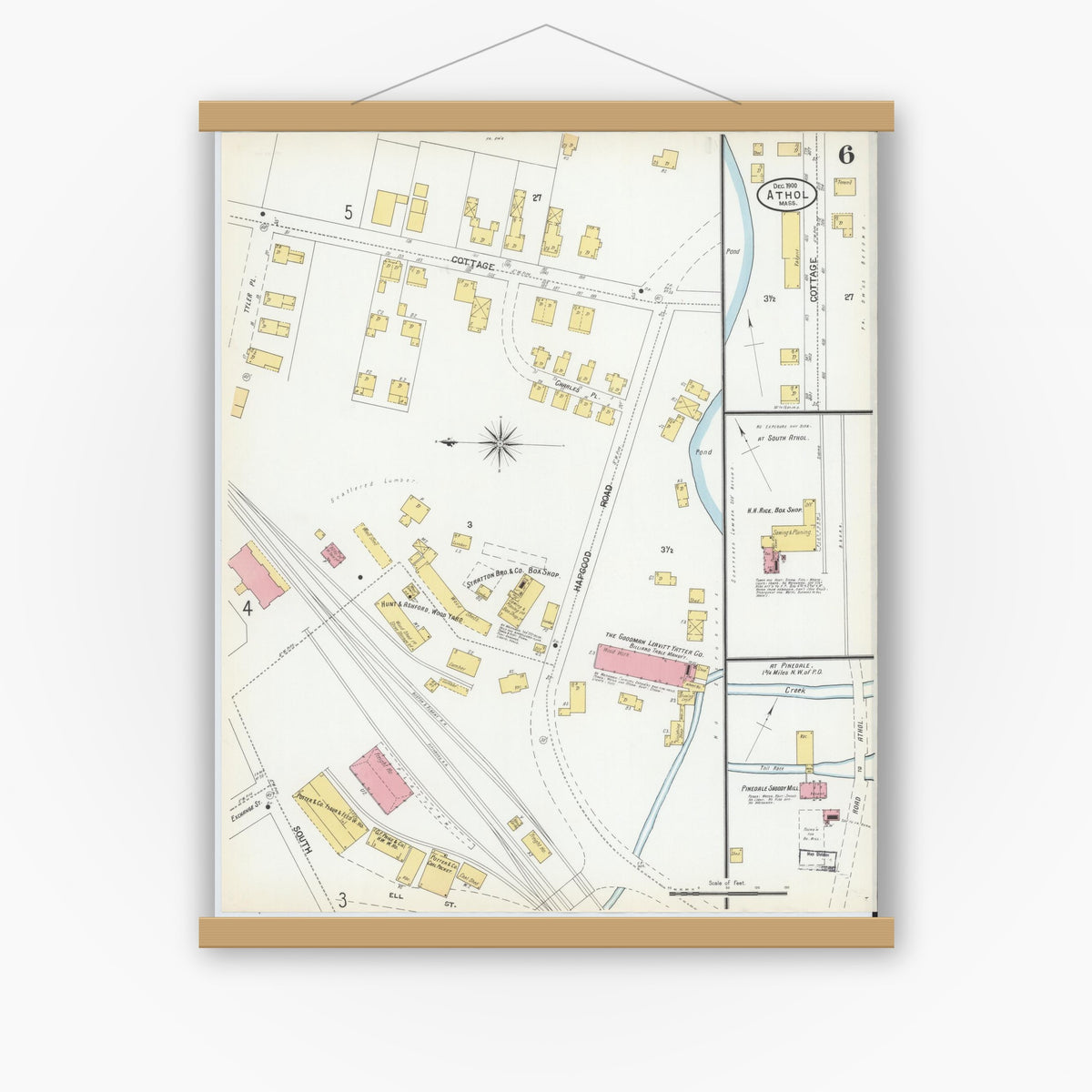 Old map wall art mockup — magnetic wood frame on white wall — Sanborn Fire Insurance Map from Athol, Worcester County, Massachusetts (1900), Sheet #0006