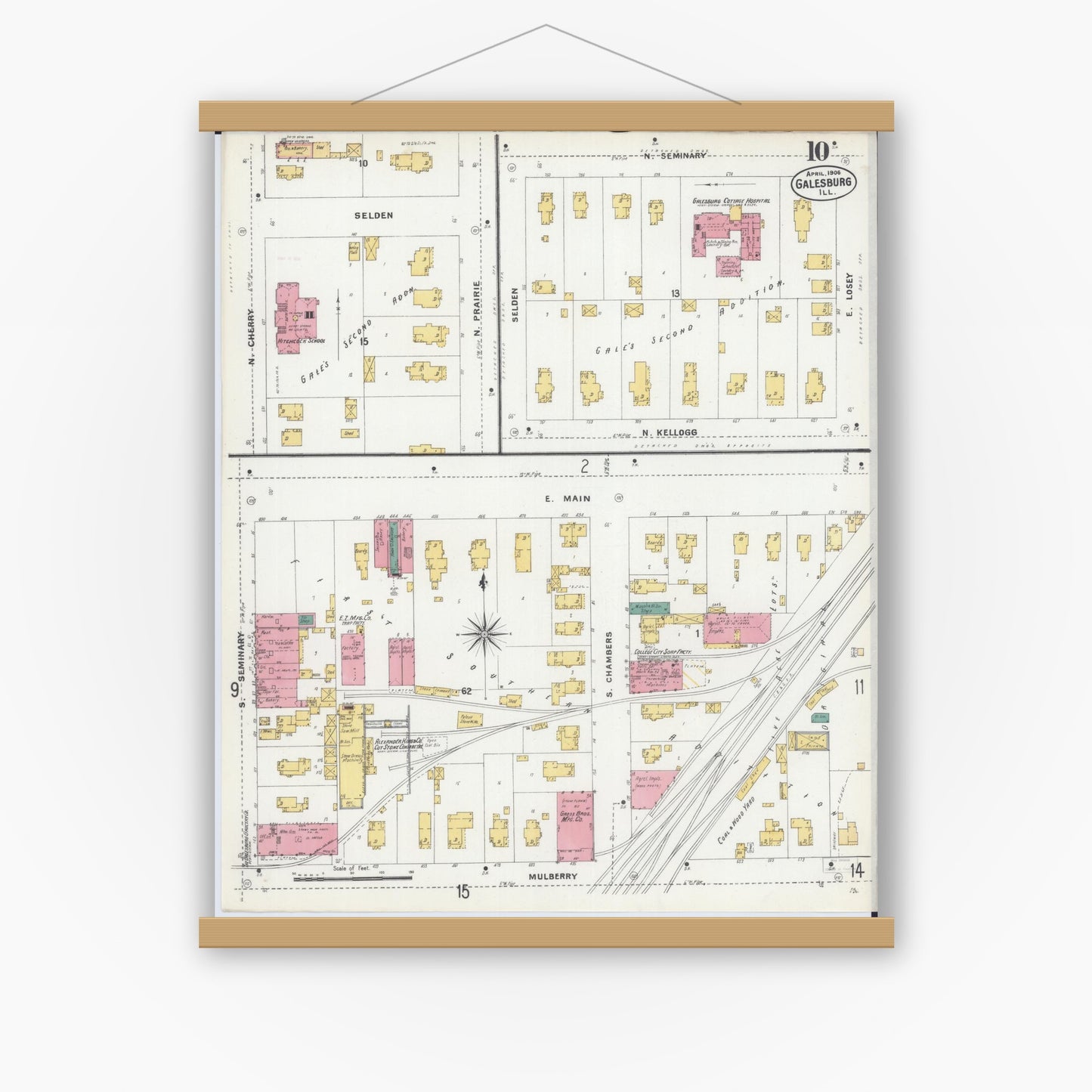 Old map wall art mockup — magnetic wood frame on white wall — Sanborn Fire Insurance Map from Galesburg, Knox County, Illinois (1906), Sheet #0010