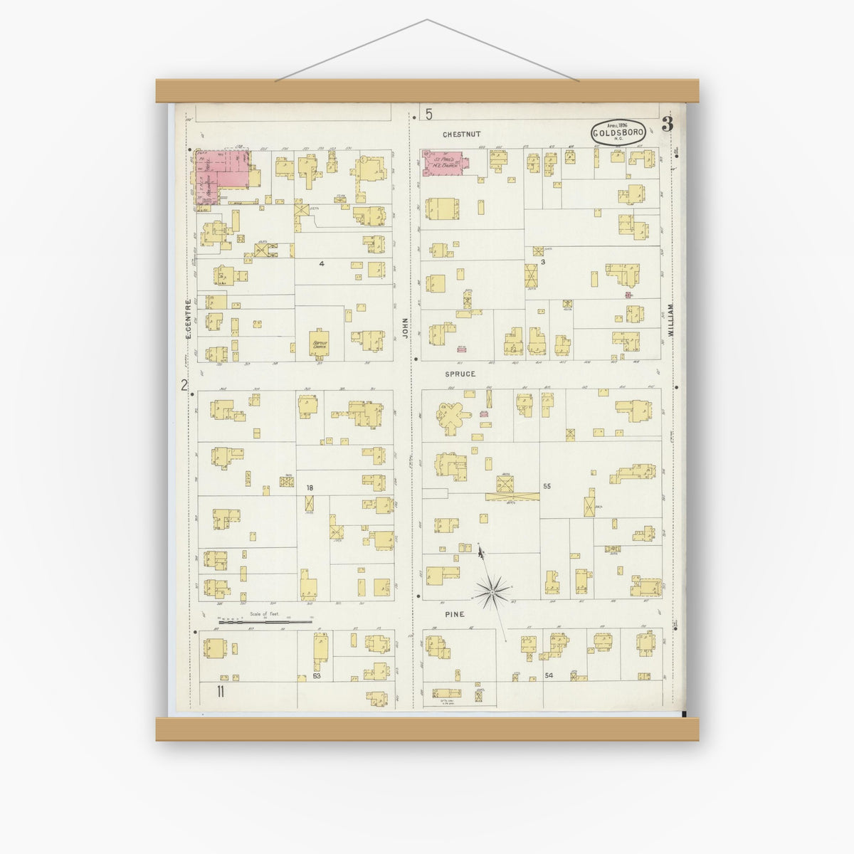 Old map wall art mockup — magnetic wood frame on white wall — Sanborn Fire Insurance Map from Goldsboro, Wayne County, North Carolina (1896), Sheet #0003