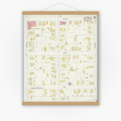 Old map wall art mockup — magnetic wood frame on white wall — Sanborn Fire Insurance Map from Goldsboro, Wayne County, North Carolina (1896), Sheet #0003