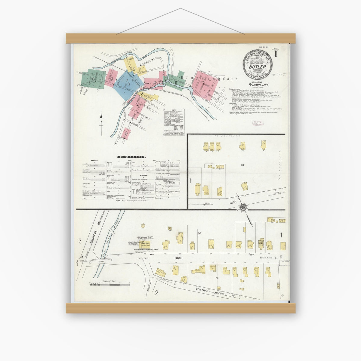 Old map wall art mockup — magnetic wood frame on white wall — Sanborn Fire Insurance Map from Butler, Morris County, New Jersey (1911), Sheet #0001