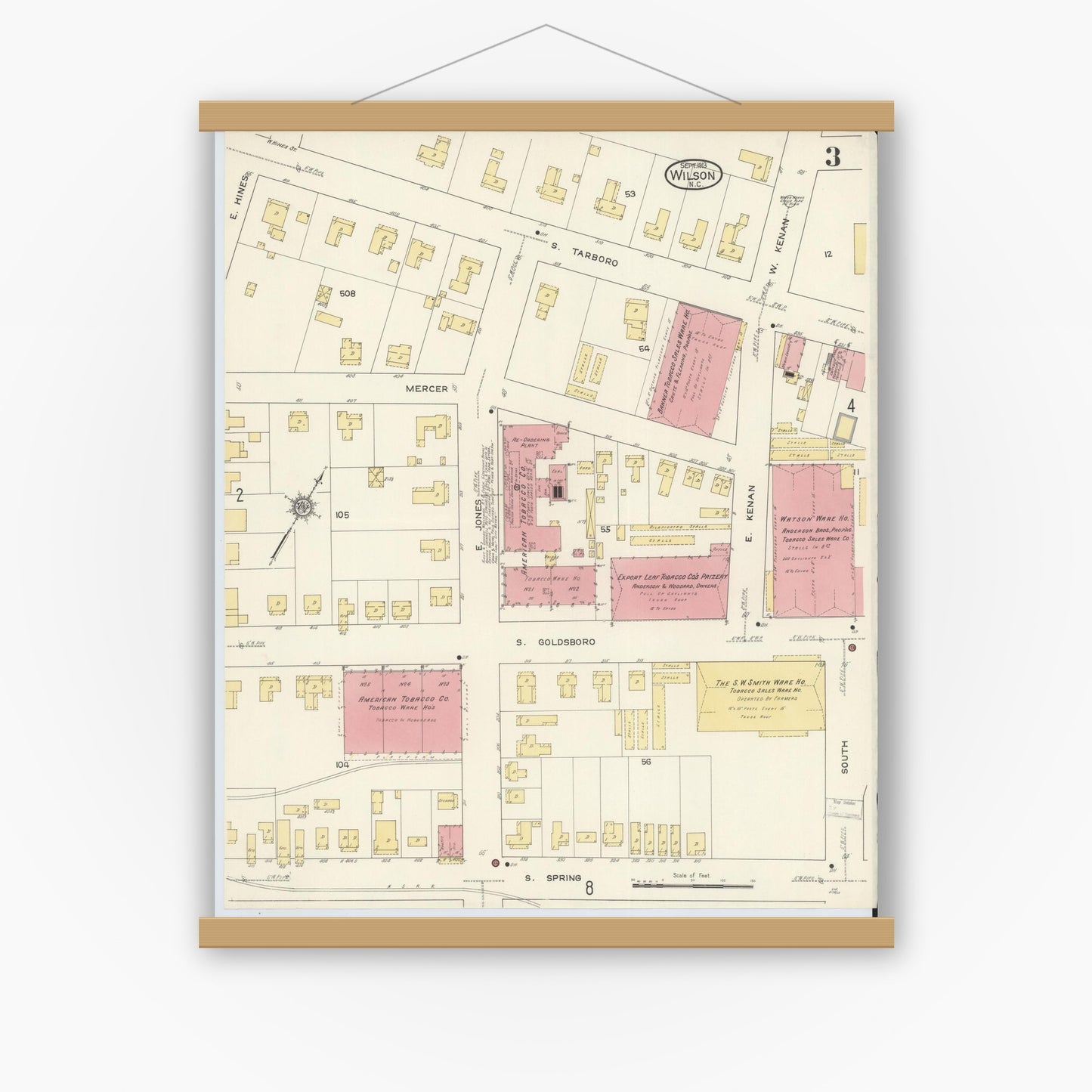 Old map wall art mockup — magnetic wood frame on white wall — Sanborn Fire Insurance Map from Wilson, Wilson County, North Carolina (1913), Sheet #0003