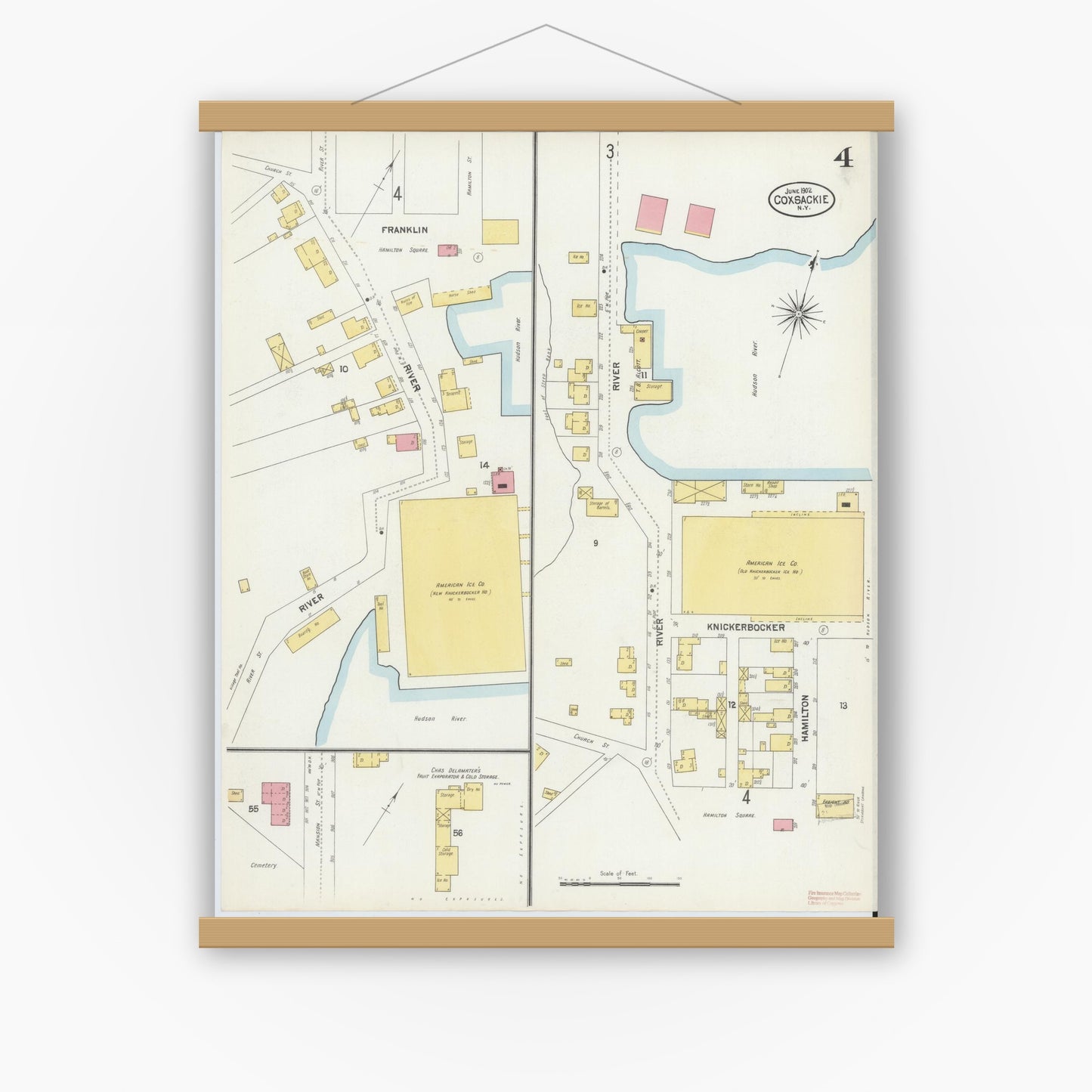 Old map wall art mockup — magnetic wood frame on white wall — Sanborn Fire Insurance Map from Coxsackie, Greene County, New York (1902), Sheet #0004