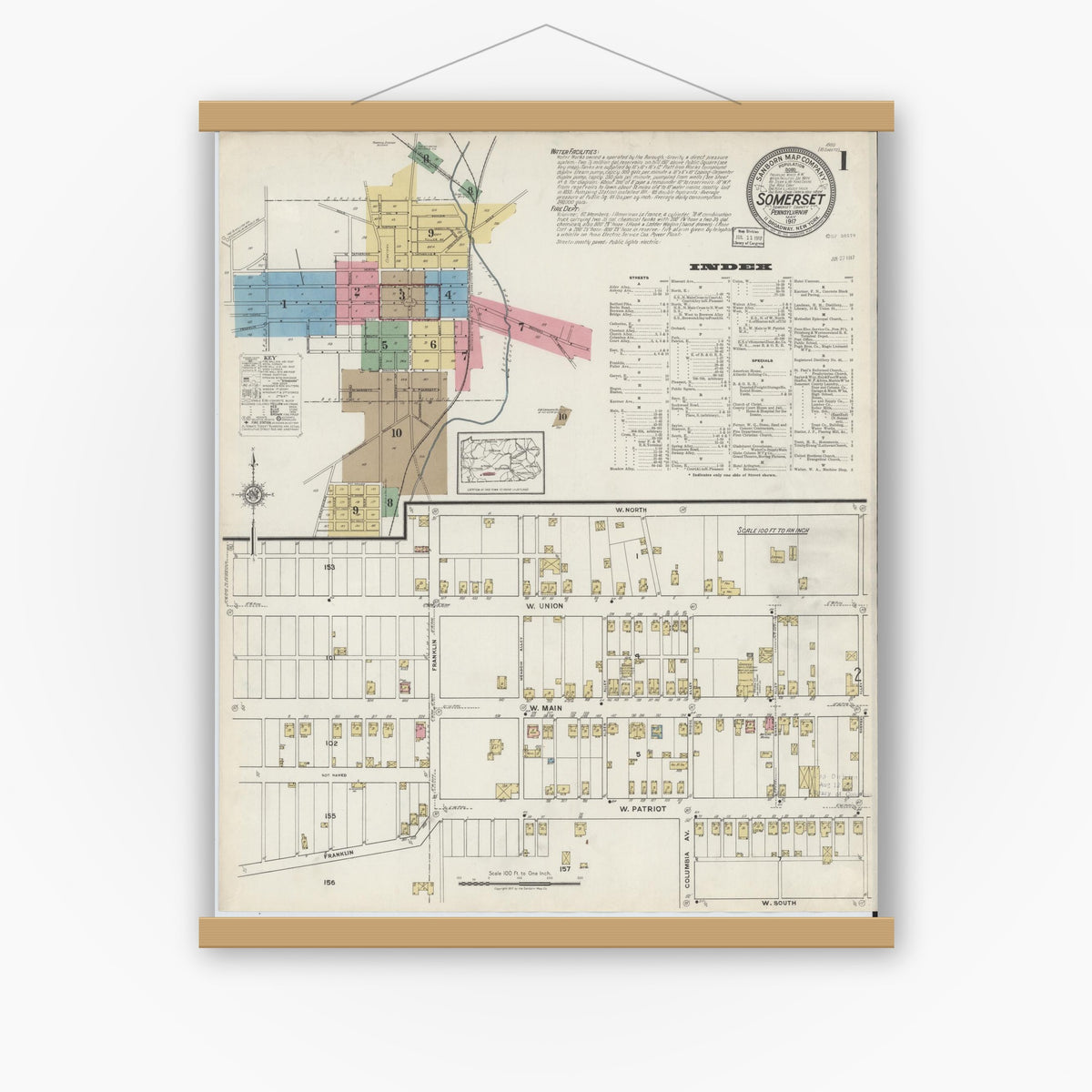 Old map wall art mockup — magnetic wood frame on white wall — Sanborn Fire Insurance Map from Somerset, Somerset County, Pennsylvania (1917) - Complete Map Set