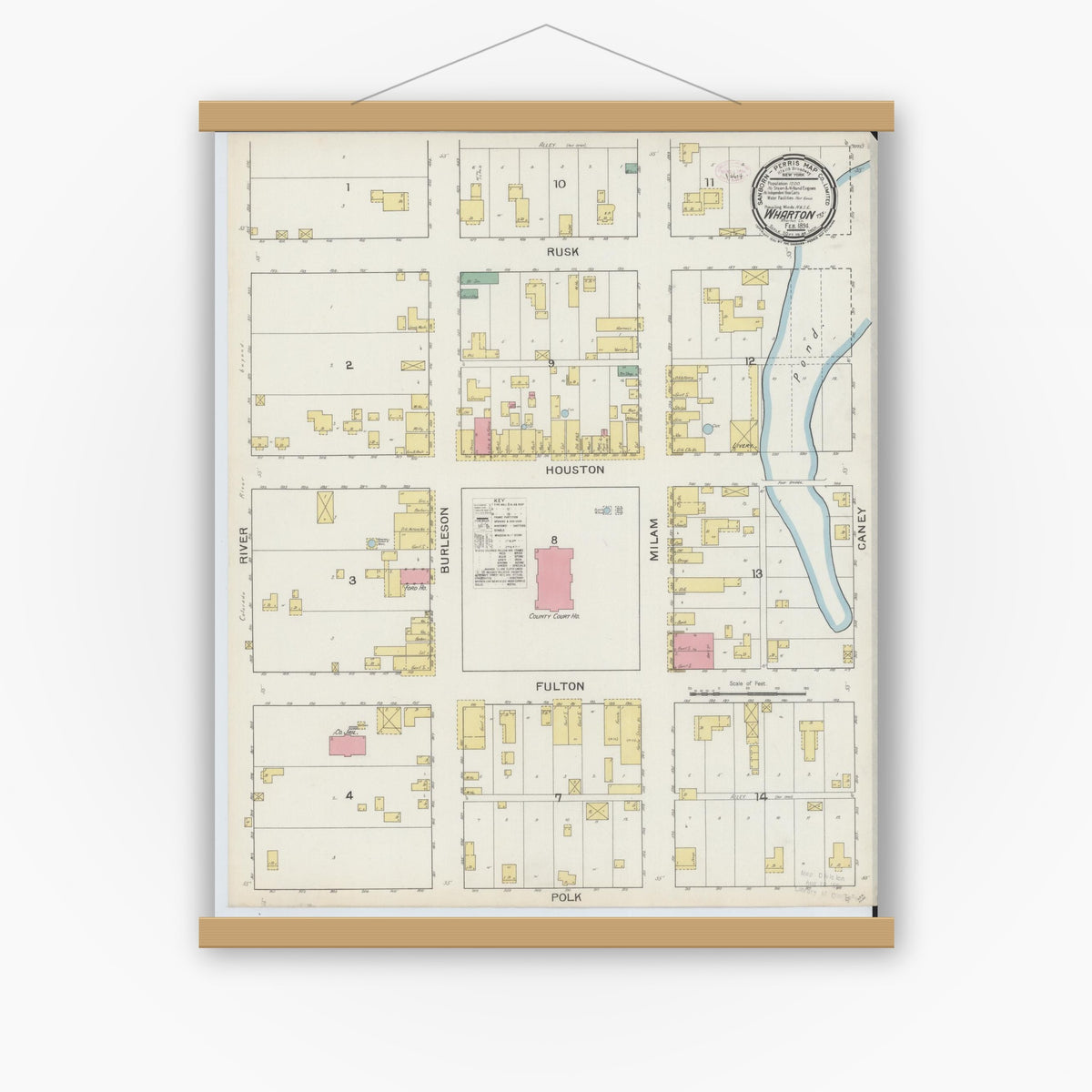 Old map wall art mockup — magnetic wood frame on white wall — Sanborn Fire Insurance Map from Wharton, Wharton County, Texas (1894), Sheet #0001