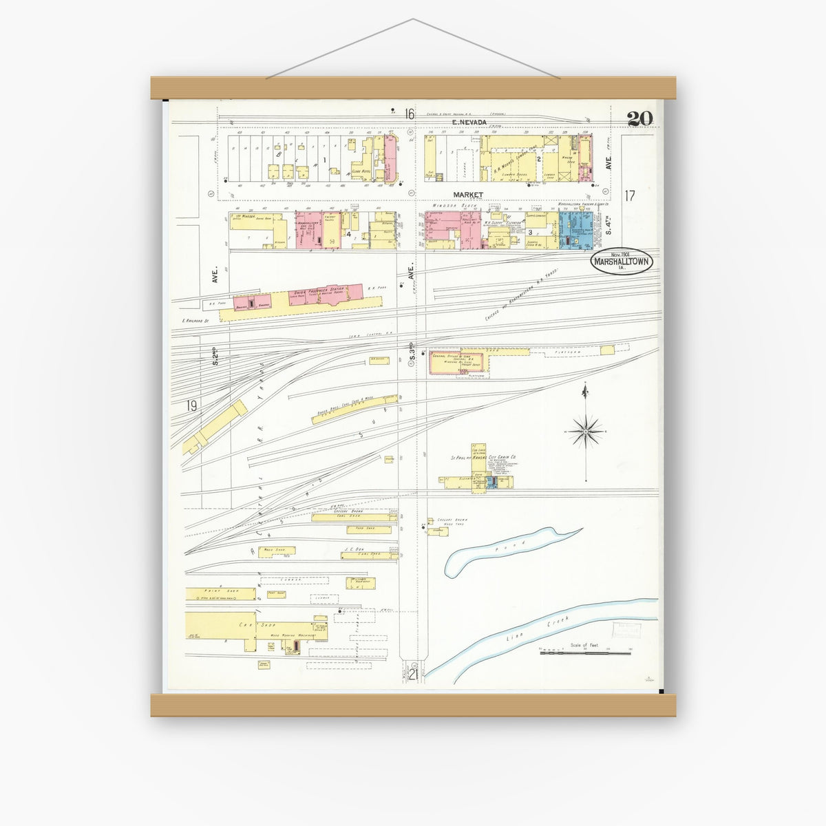 Old map wall art mockup — magnetic wood frame on white wall — Sanborn Fire Insurance Map from Marshalltown, Marshall County, Iowa (1901), Sheet #0020