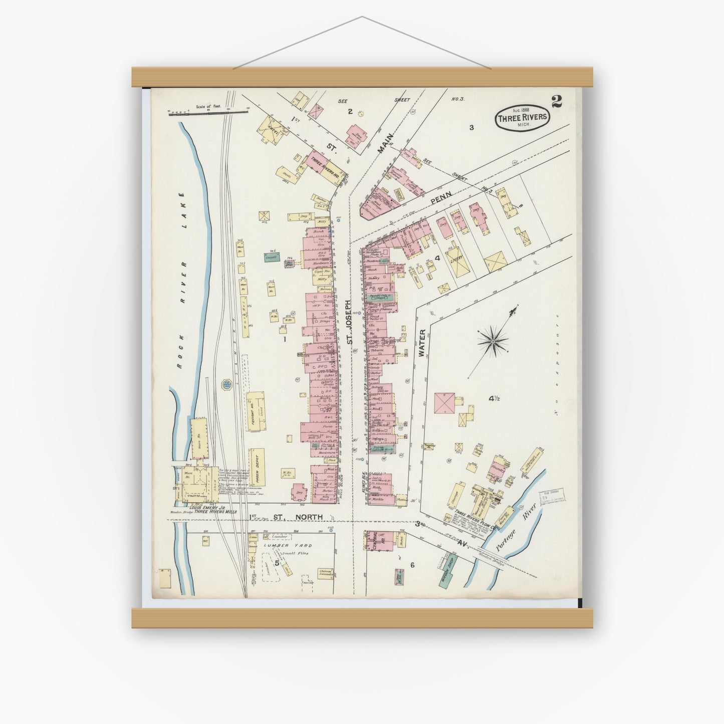 Old map wall art mockup — magnetic wood frame on white wall — Sanborn Fire Insurance Map from Three Rivers, Saint Joseph County, Michigan (1888), Sheet #0002