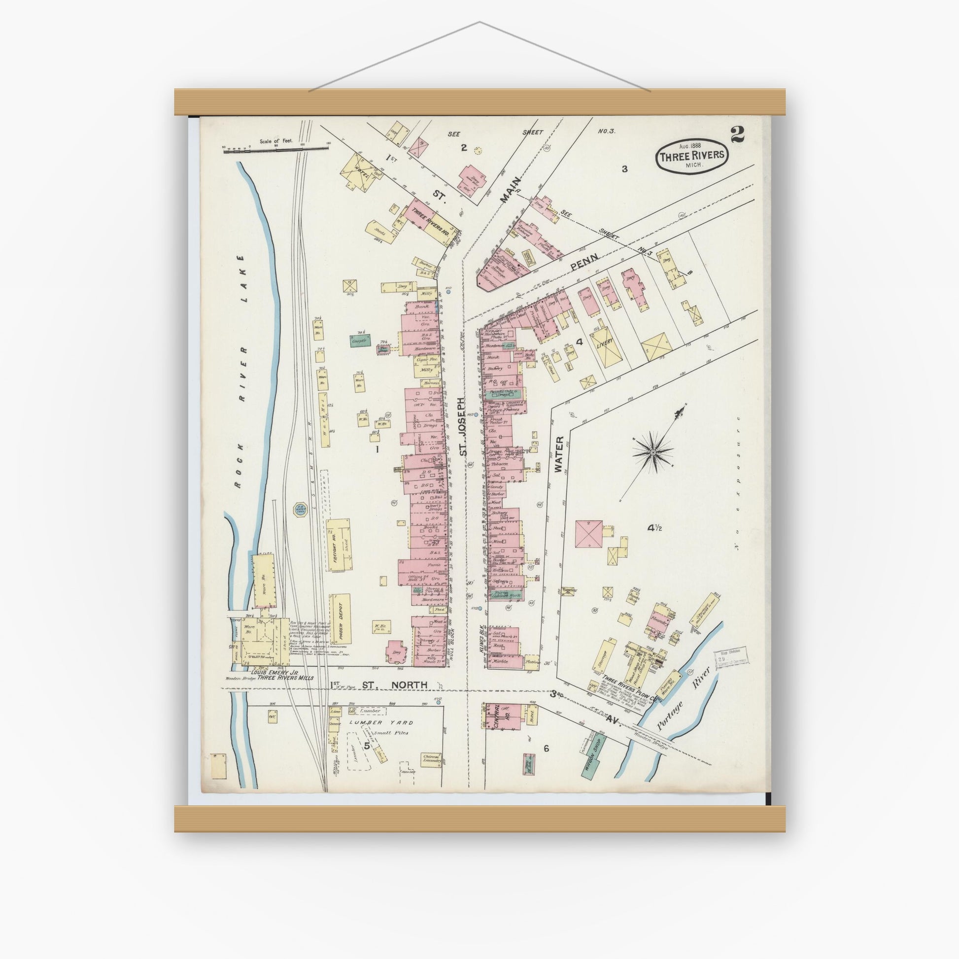 Old map wall art mockup — magnetic wood frame on white wall — Sanborn Fire Insurance Map from Three Rivers, Saint Joseph County, Michigan (1888), Sheet #0002