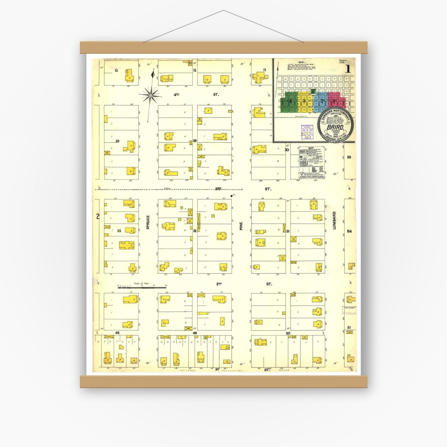Old map wall art mockup — magnetic wood frame on white wall — Sanborn Fire Insurance Map from Baird, Callahan County, Texas (1902), Sheet #0001