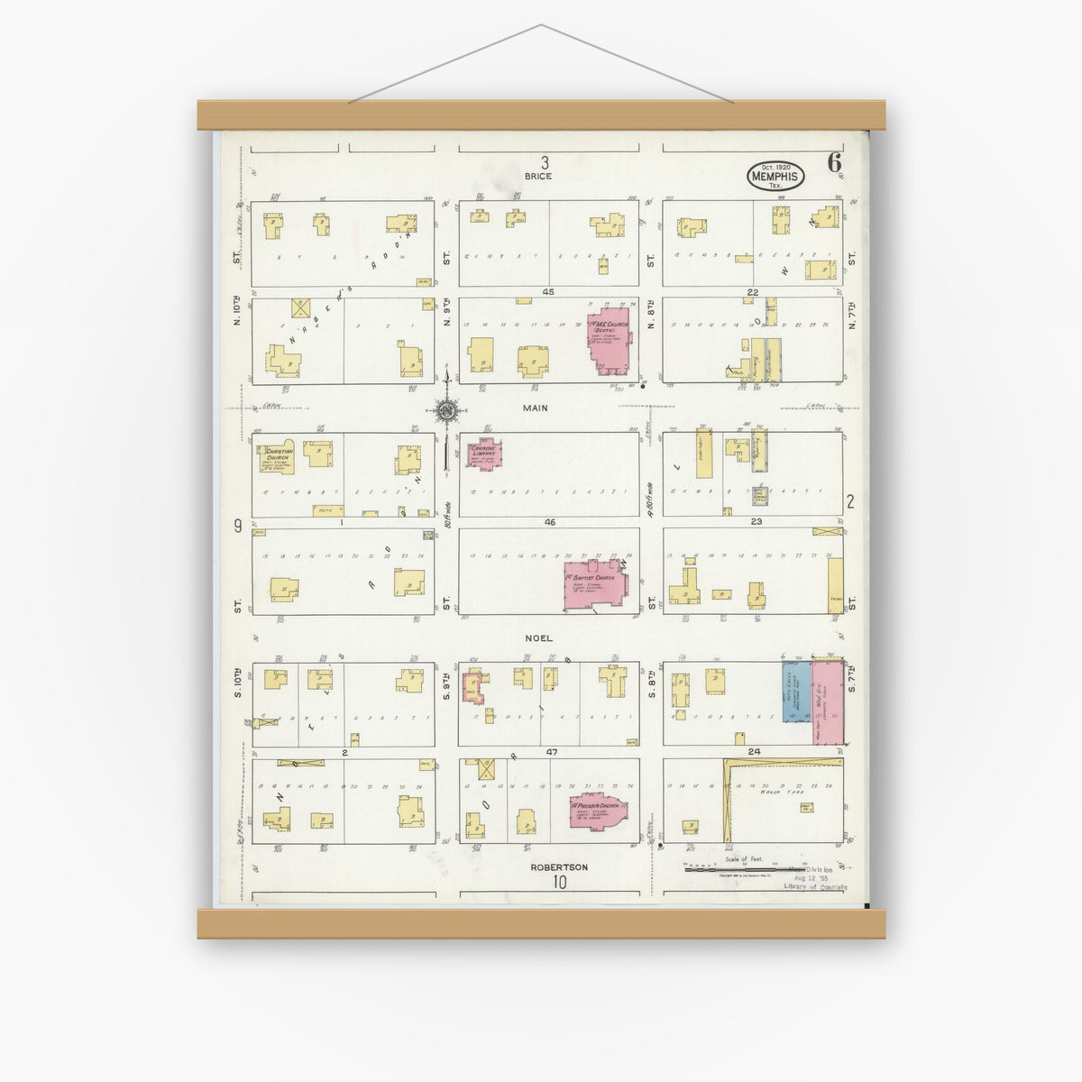 Old map wall art mockup — magnetic wood frame on white wall — Sanborn Fire Insurance Map from Memphis, Hall County, Texas (1920), Sheet #0006