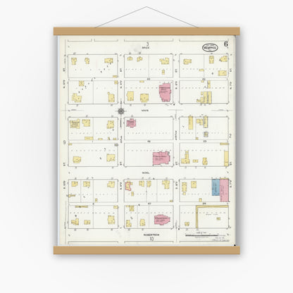 Old map wall art mockup — magnetic wood frame on white wall — Sanborn Fire Insurance Map from Memphis, Hall County, Texas (1920), Sheet #0006