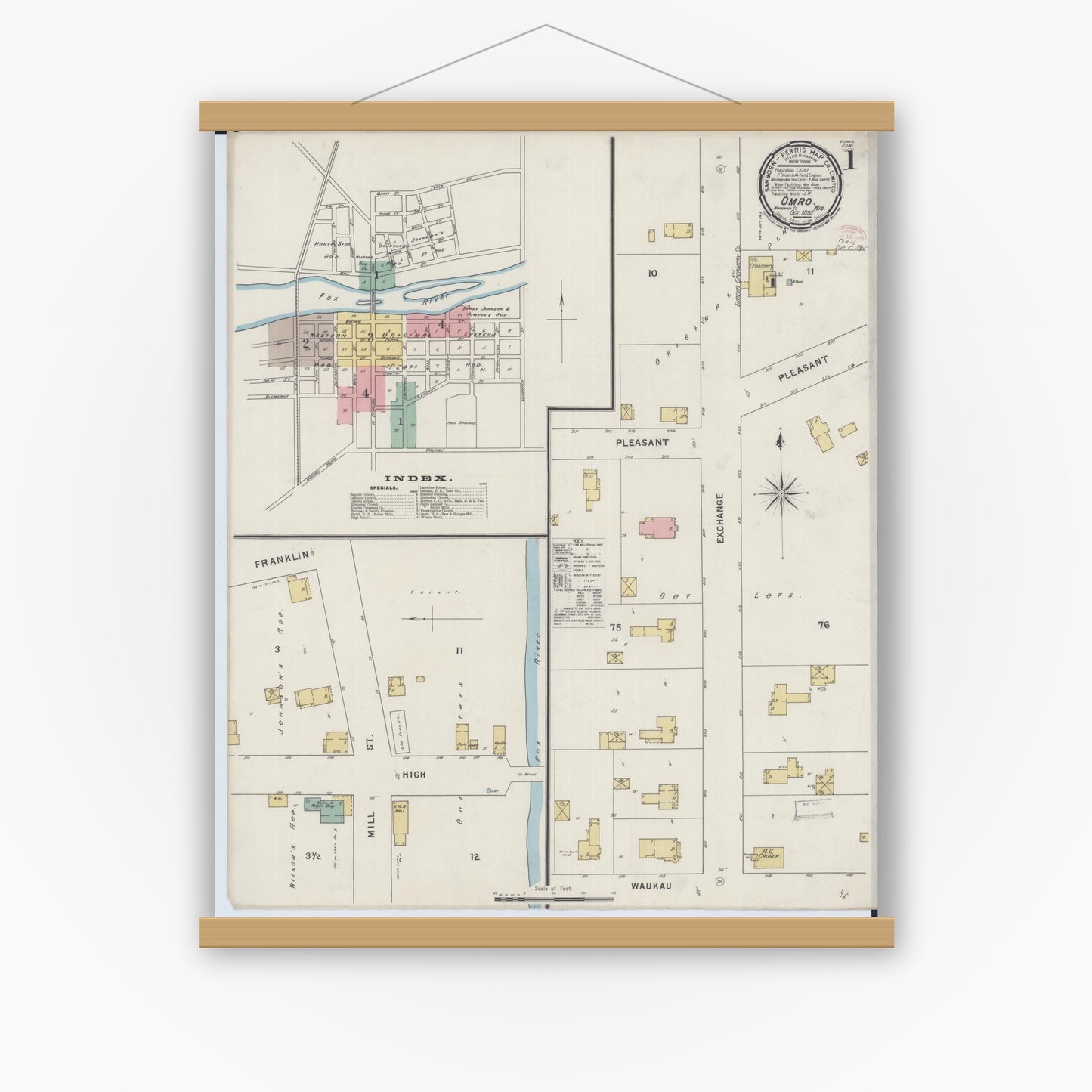 Old map wall art mockup — magnetic wood frame on white wall — Sanborn Fire Insurance Map from Omro, Winnebago County, Wisconsin (1895), Sheet #0001