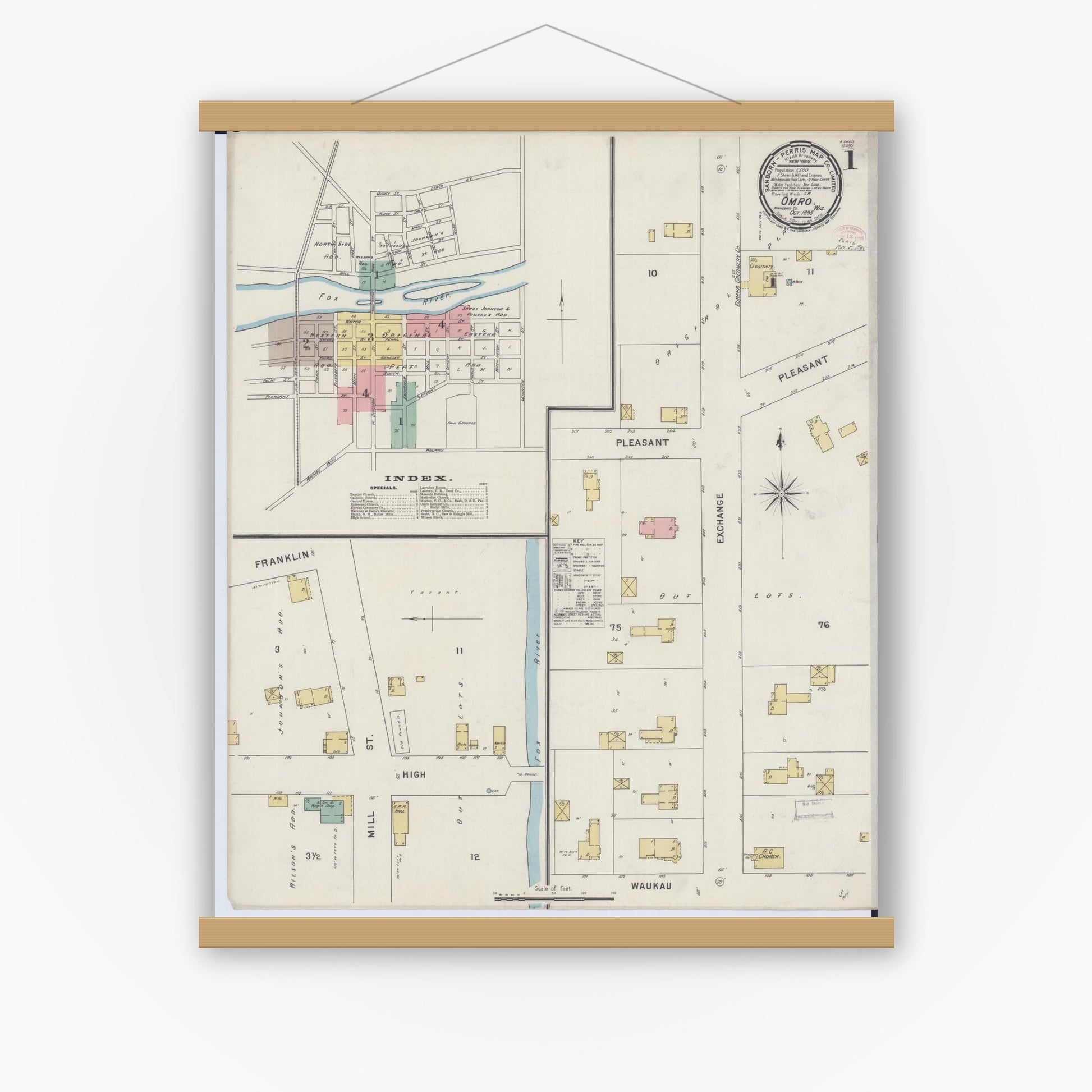 Old map wall art mockup — magnetic wood frame on white wall — Sanborn Fire Insurance Map from Omro, Winnebago County, Wisconsin (1895), Sheet #0001