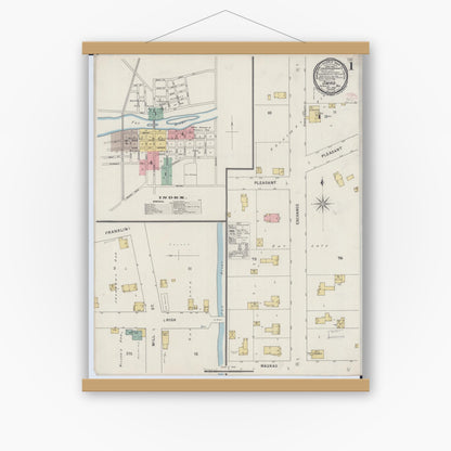 Old map wall art mockup — magnetic wood frame on white wall — Sanborn Fire Insurance Map from Omro, Winnebago County, Wisconsin (1895), Sheet #0001