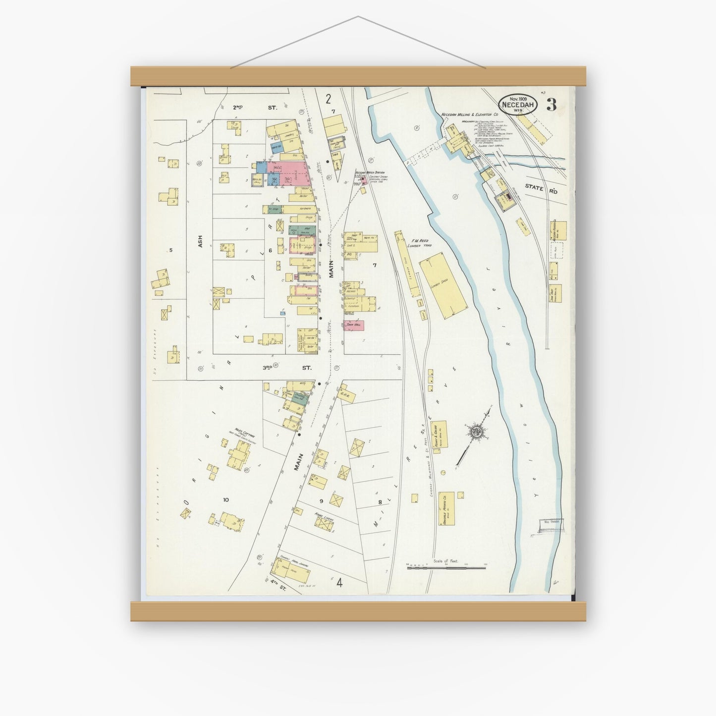 Old map wall art mockup — magnetic wood frame on white wall — Sanborn Fire Insurance Map from Necedah, Juneau County, Wisconsin (1909), Sheet #0003