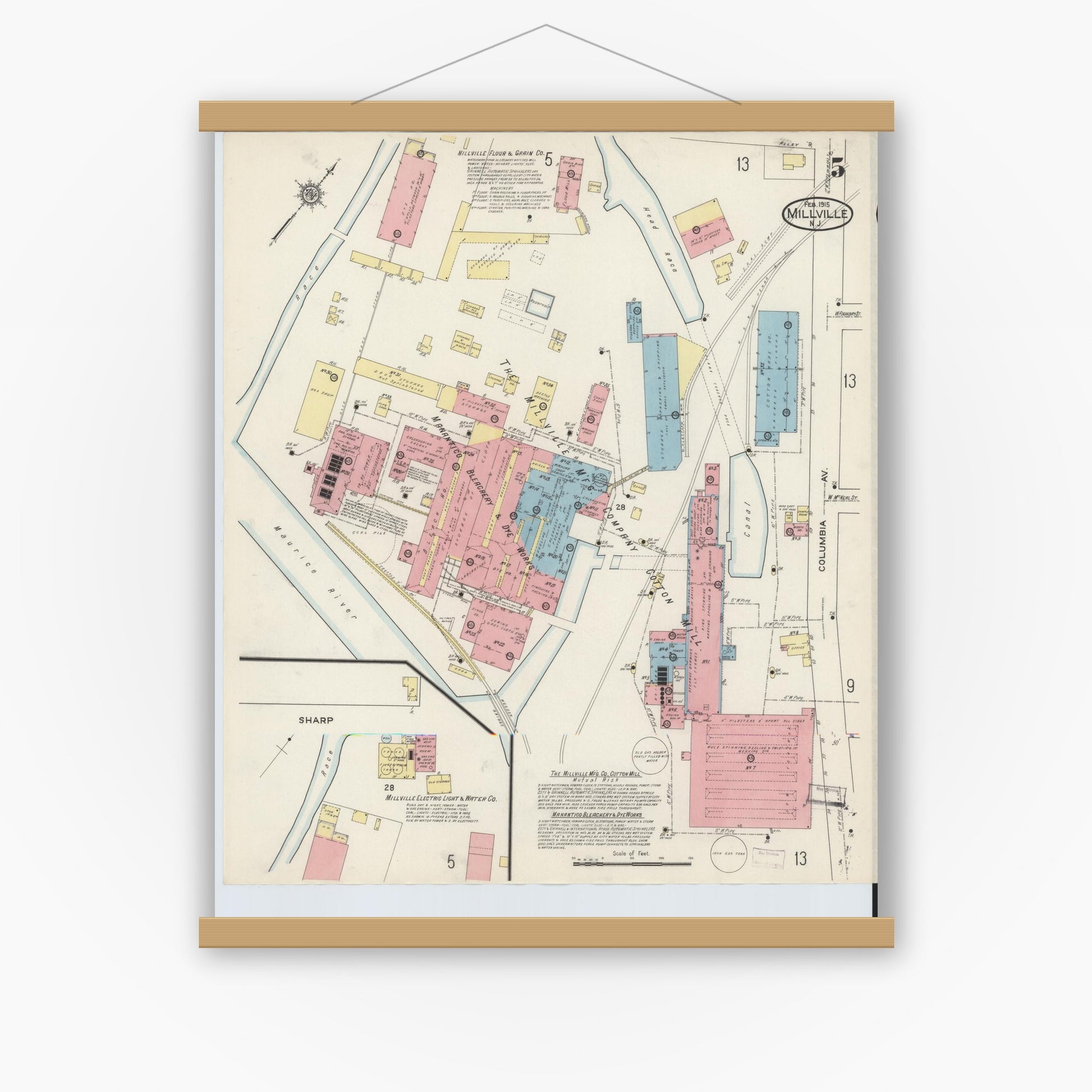 Old map wall art mockup — magnetic wood frame on white wall — Sanborn Fire Insurance Map from Millville, Cumberland County, New Jersey (1915), Sheet #0005