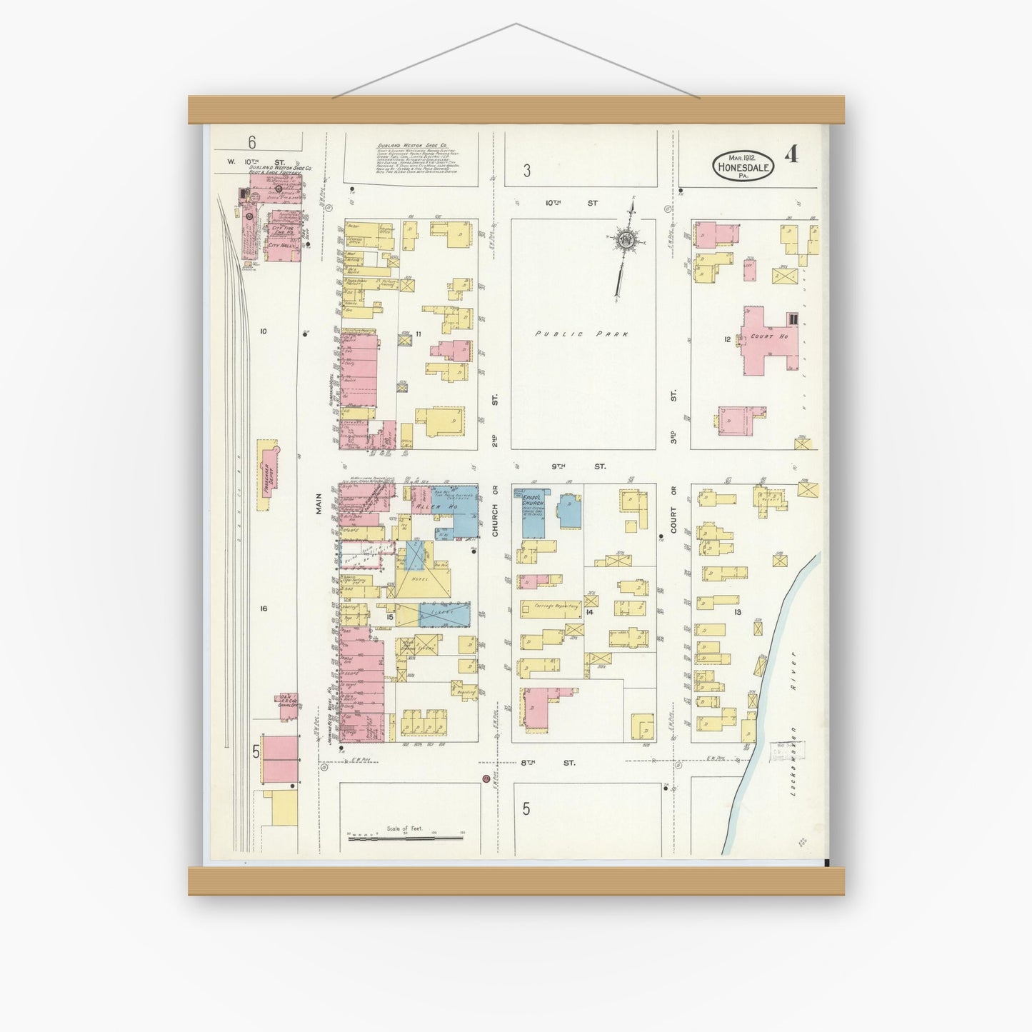 Old map wall art mockup — magnetic wood frame on white wall — Sanborn Fire Insurance Map from Honesdale, Wayne County, Pennsylvania (1912), Sheet #0004