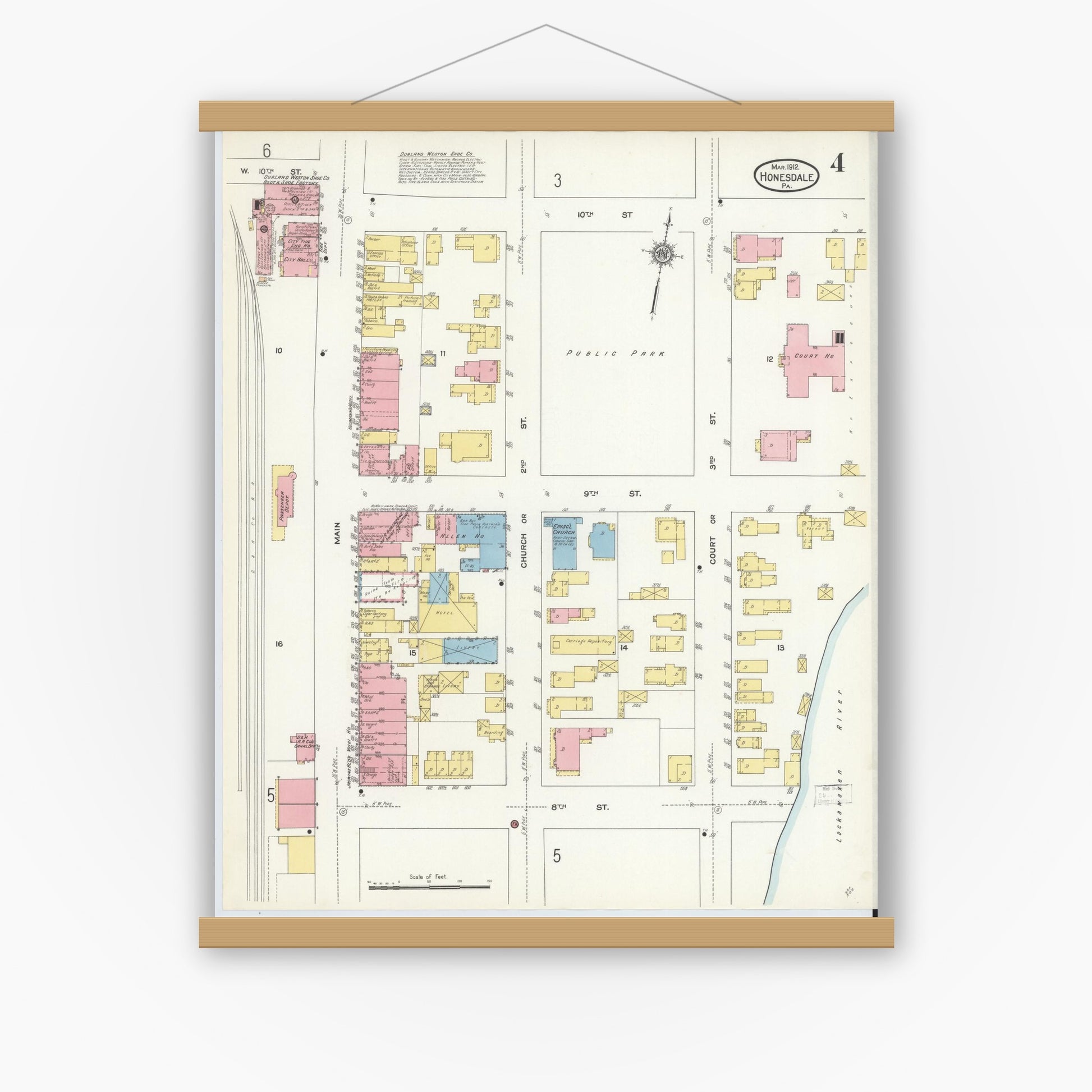 Old map wall art mockup — magnetic wood frame on white wall — Sanborn Fire Insurance Map from Honesdale, Wayne County, Pennsylvania (1912), Sheet #0004