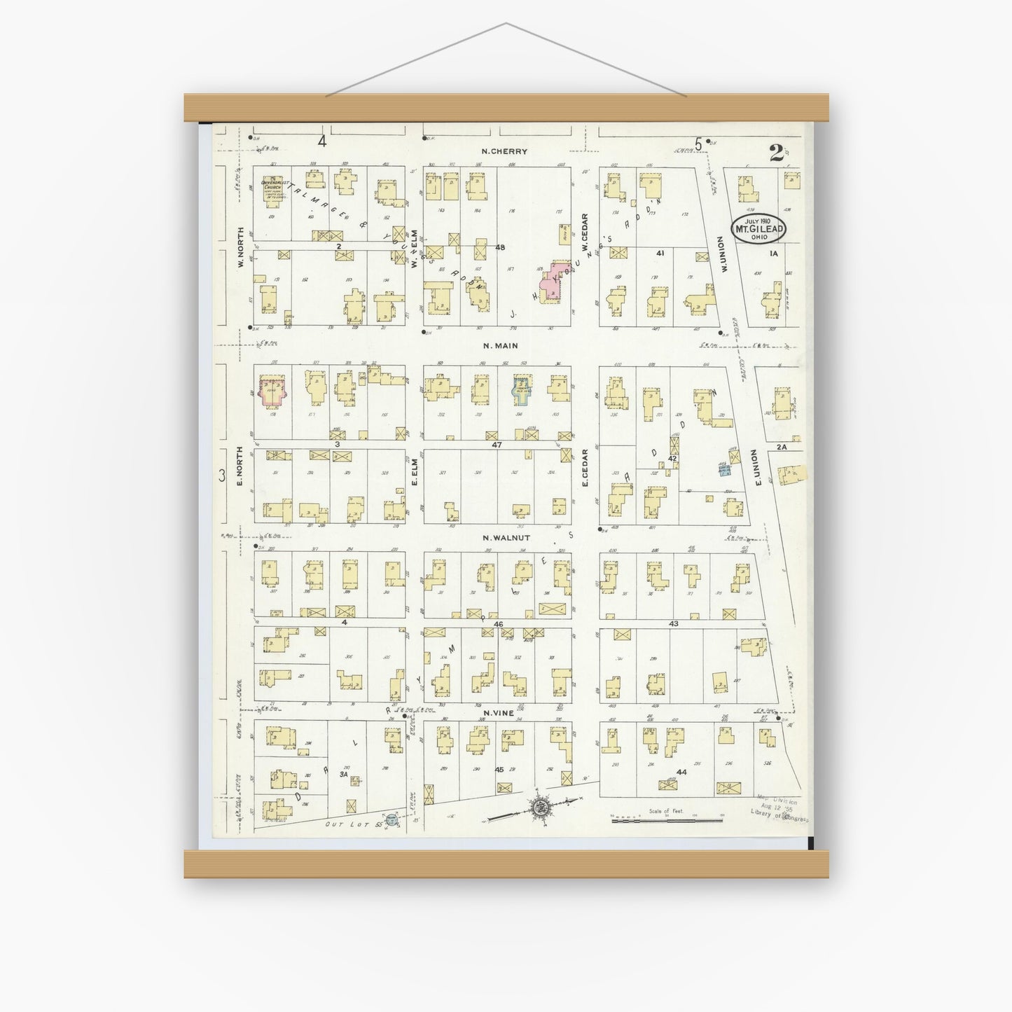 Old map wall art mockup — magnetic wood frame on white wall — Sanborn Fire Insurance Map from Mount Gilead, Morrow County, Ohio (1910), Sheet #0002