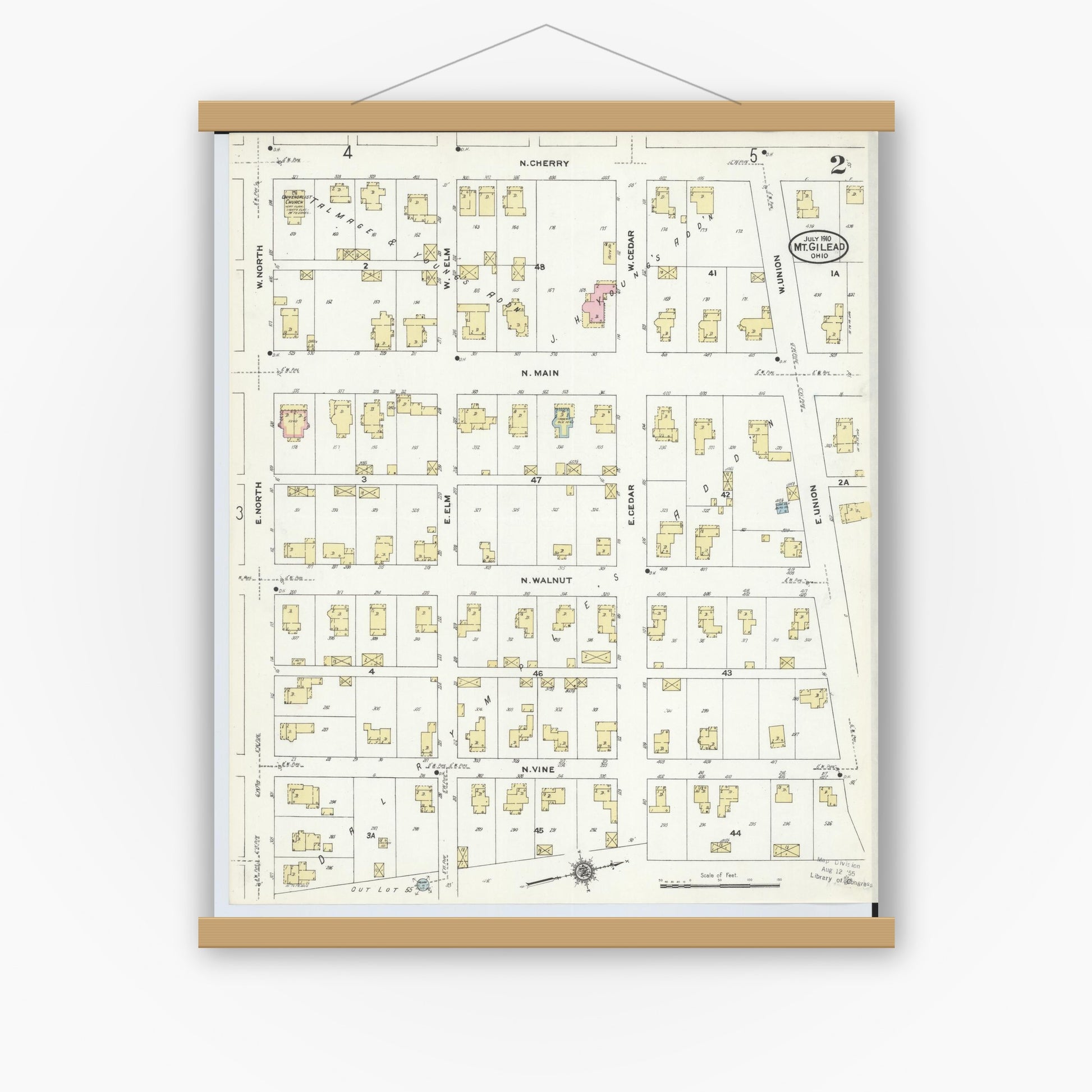 Old map wall art mockup — magnetic wood frame on white wall — Sanborn Fire Insurance Map from Mount Gilead, Morrow County, Ohio (1910), Sheet #0002