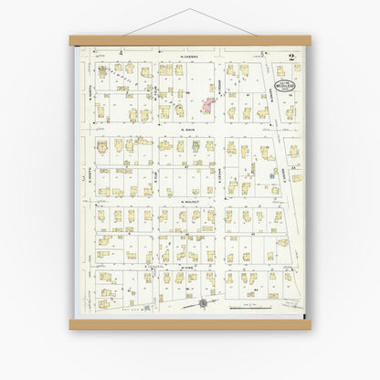 Old map wall art mockup — magnetic wood frame on white wall — Sanborn Fire Insurance Map from Mount Gilead, Morrow County, Ohio (1910), Sheet #0002