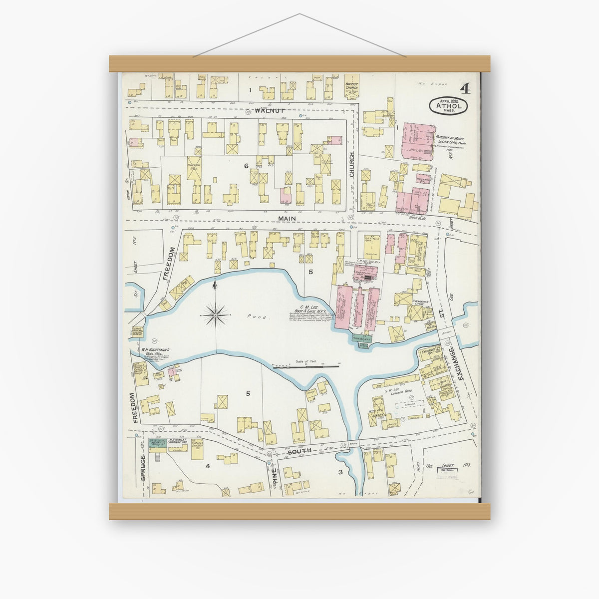 Old map wall art mockup — magnetic wood frame on white wall — Sanborn Fire Insurance Map from Athol, Worcester County, Massachusetts (1892), Sheet #0004