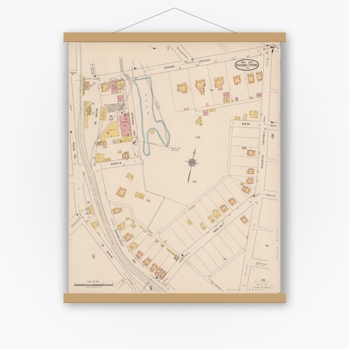 Old map wall art mockup — magnetic wood frame on white wall — Sanborn Fire Insurance Map from Roaring Spring, Blair County, Pennsylvania (1922), Sheet #0007