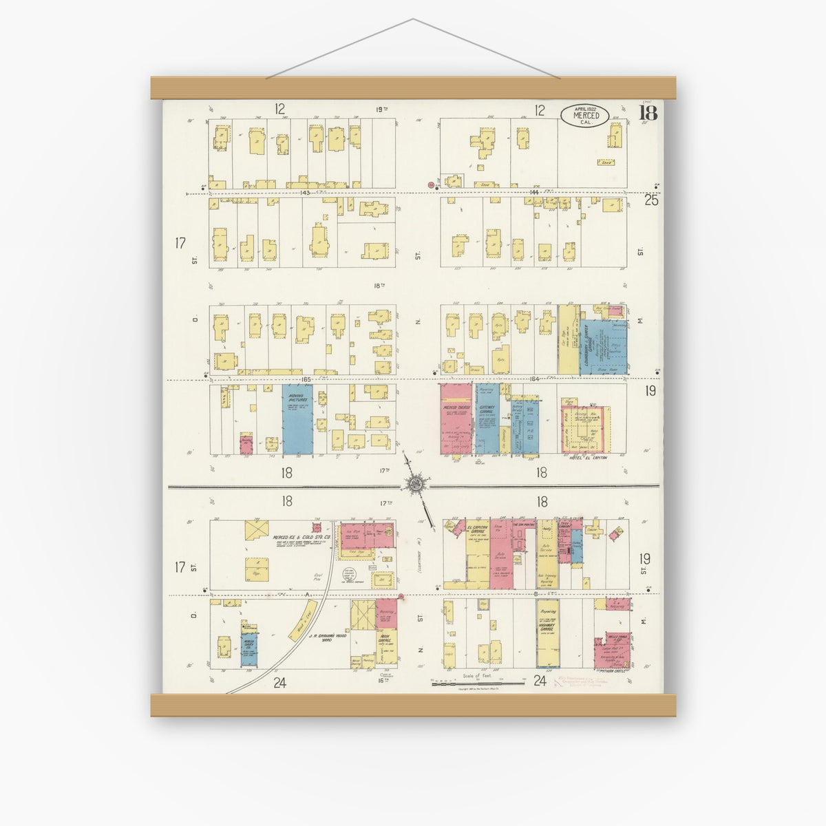 Old map wall art mockup — magnetic wood frame on white wall — Sanborn Fire Insurance Map from Merced, Merced County, California (1922), Sheet #0018
