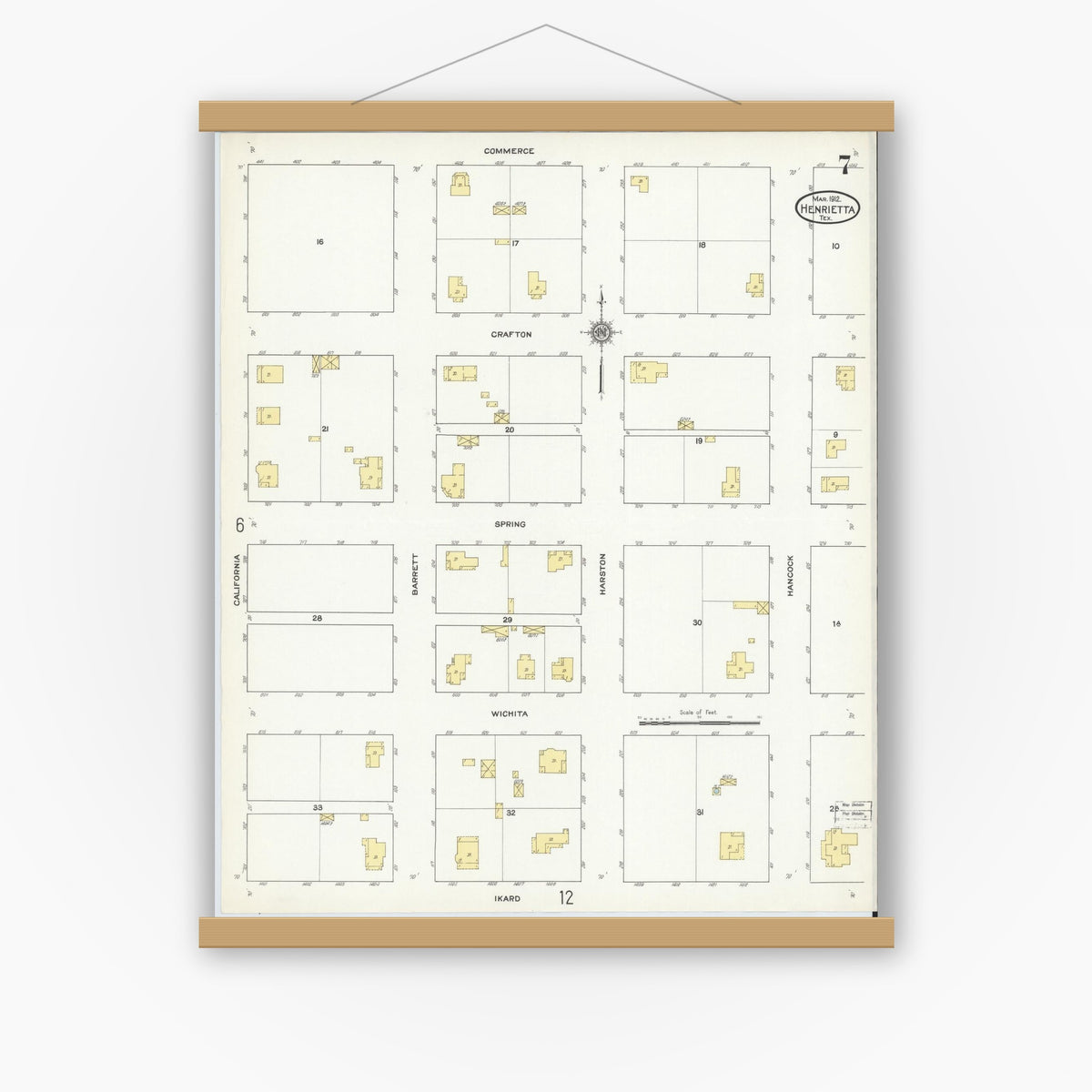 Old map wall art mockup — magnetic wood frame on white wall — Sanborn Fire Insurance Map from Henrietta, Clay County, Texas (1912), Sheet #0007