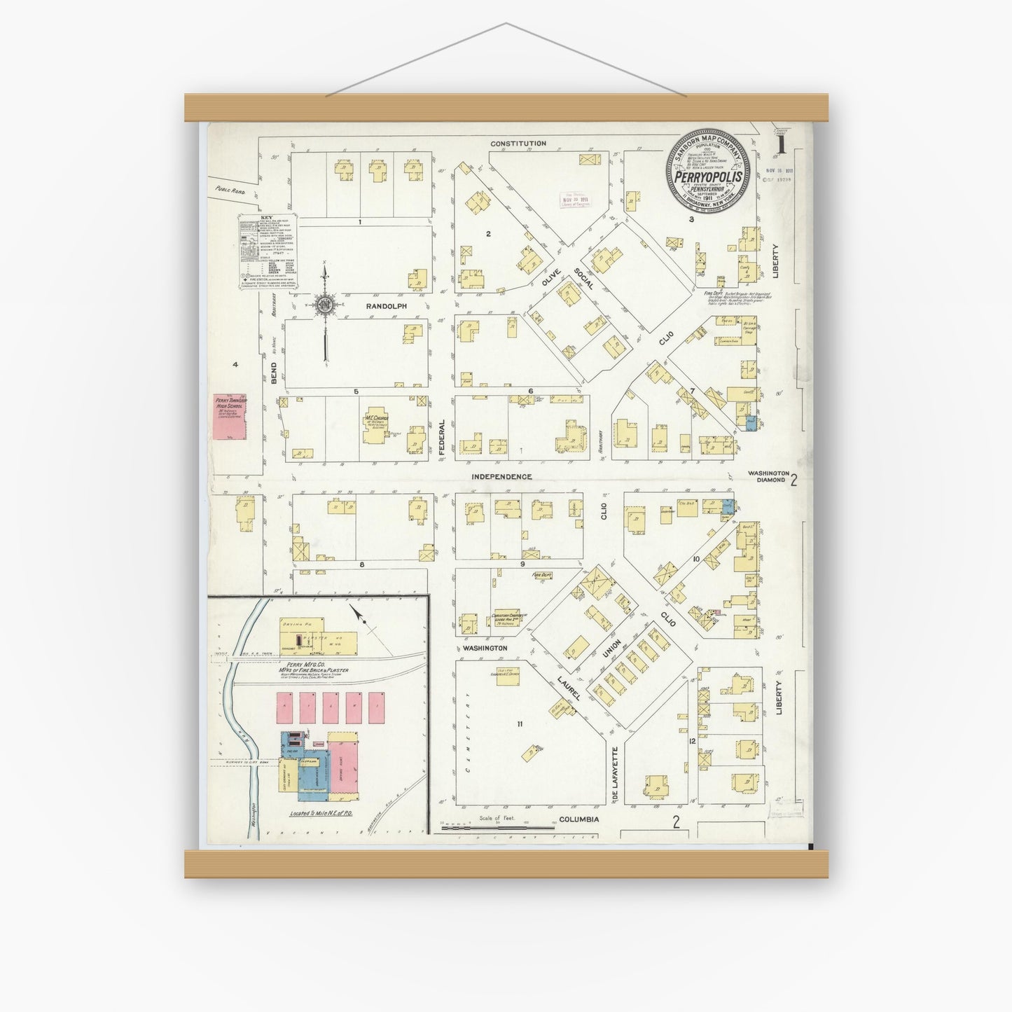 Old map wall art mockup — magnetic wood frame on white wall — Sanborn Fire Insurance Map from Perryopolis, Fayette County, Pennsylvania (1911) - Complete Map Set