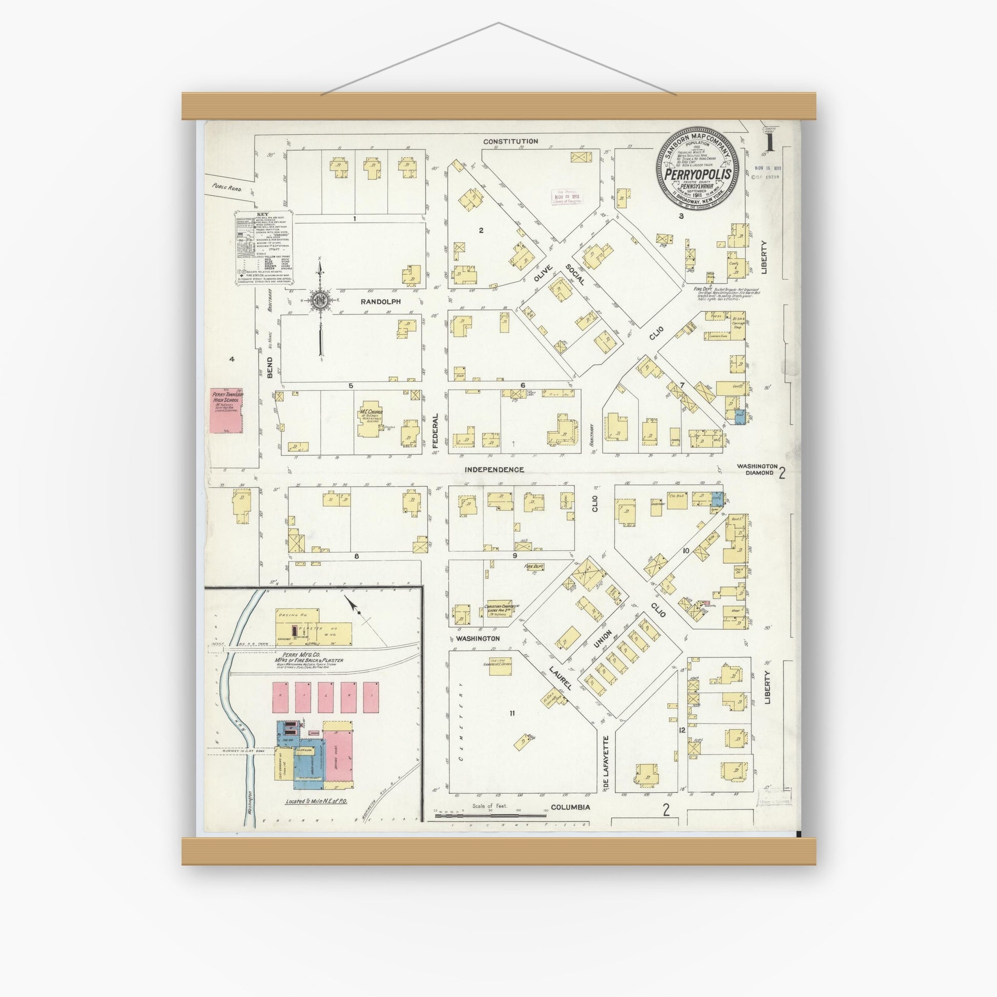 Old map wall art mockup — magnetic wood frame on white wall — Sanborn Fire Insurance Map from Perryopolis, Fayette County, Pennsylvania (1911) - Complete Map Set