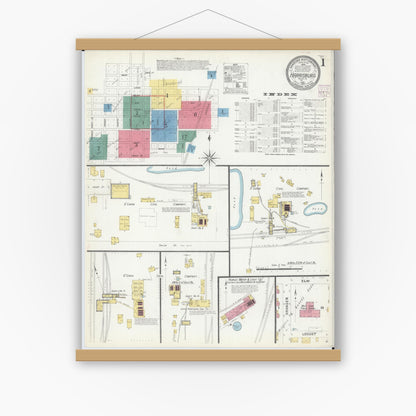 Old map wall art mockup — magnetic wood frame on white wall — Sanborn Fire Insurance Map from Harrisburg, Saline County, Illinois (1907) - Complete Map Set