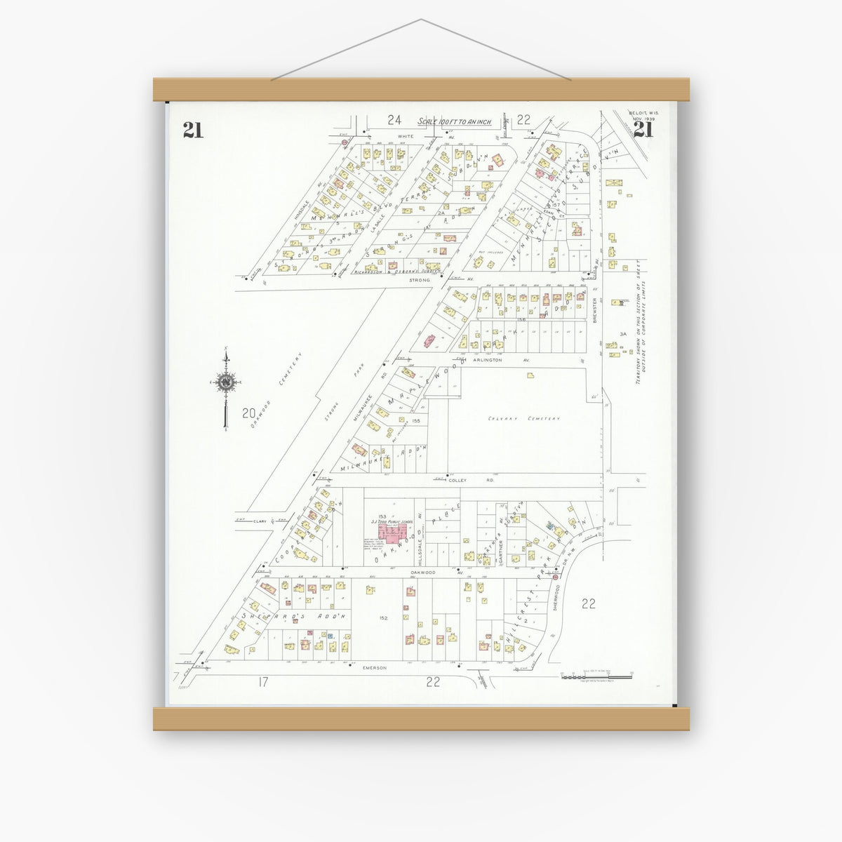 Old map wall art mockup — magnetic wood frame on white wall — Sanborn Fire Insurance Map from Beloit, Rock County, Wisconsin (1939), Sheet #0021