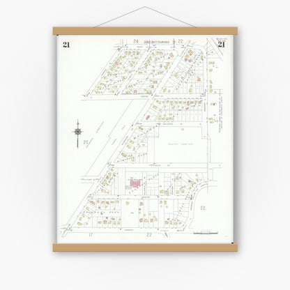 Old map wall art mockup — magnetic wood frame on white wall — Sanborn Fire Insurance Map from Beloit, Rock County, Wisconsin (1939), Sheet #0021