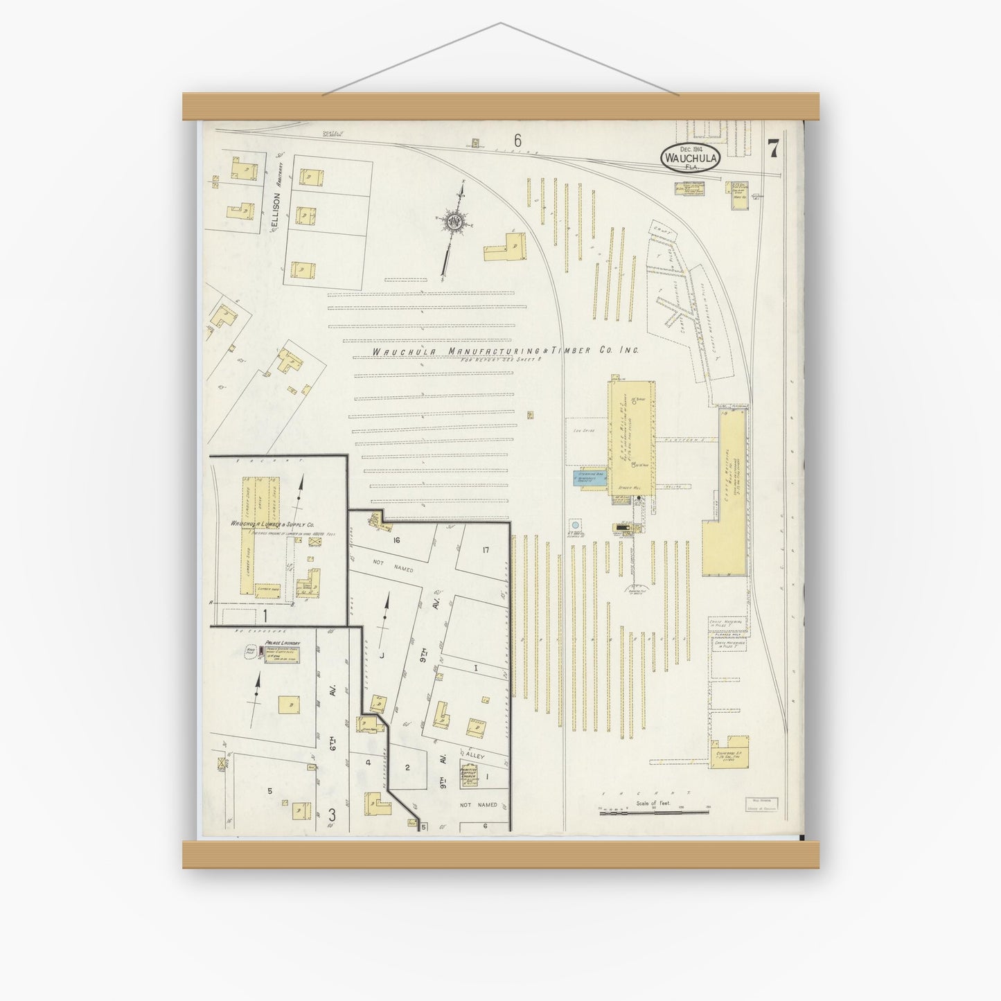 Old map wall art mockup — magnetic wood frame on white wall — Sanborn Fire Insurance Map from Wauchula, Hardee County, Florida (1914), Sheet #0007